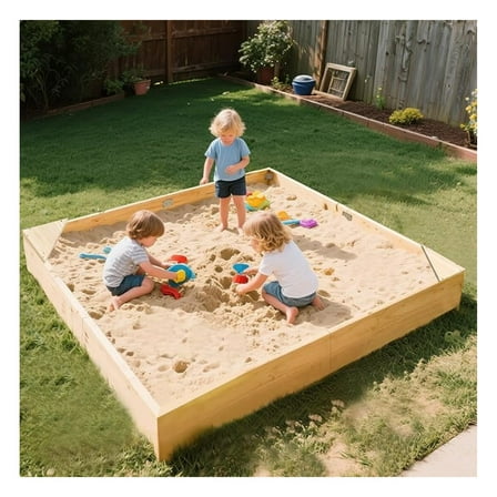 Wooden Sandbox, 71''x71''x8'' Large Sandbox w/Cover, Outdoor Sand Box for Kids Outdoor Play