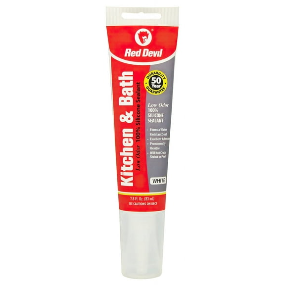 Red Devil 0883 Kitchen & Bath Low Odor 100% Silicone Sealant, A Water-Resistant Adhesive For Creating A Protective Barrier Against Moisture, 2.8 oz. Tube, White, 12-Pack
