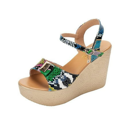 

Clearance VerPetridure Women s Sandals Summer Casual Snake Print Colorblocked Fish Mouth Wedge Sandals Ankle Strap Hemp Rope Sandals Heeled Sandals