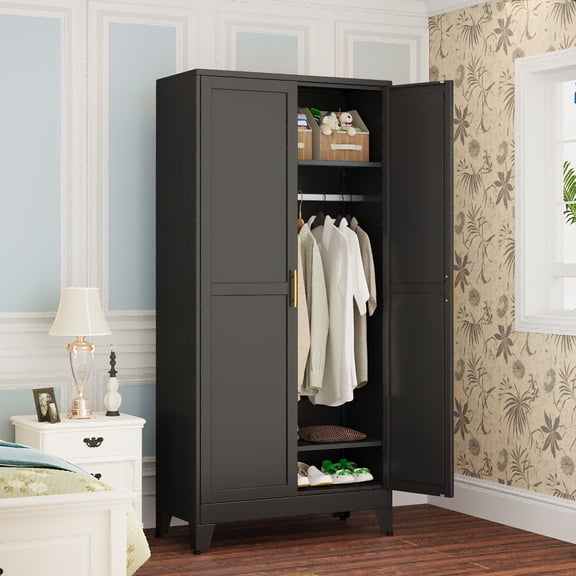 GEITIN 70.87"H Freestanding Metal Wardrobe Cabinet with Hanging Rod, 2-Door Armoire Closet with Adjustable Shelves, Sturdy Clothing Storage for Bedroom, Laundry & Cloakroom