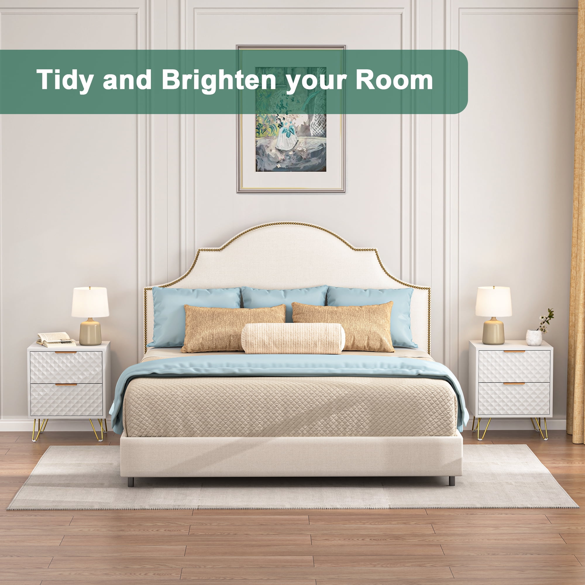 Finihen Nightstand Set of 2, End Table with 2 Drawers, Dual Night Stand Metal Legs for Bedroom Living Room, for Living Room, Bedroom, White Finihen Nightstand Set of 2, End Table with 2 Drawers, Dual Night Stand Metal Legs for Bedroom Living Room, for Living Room, Bedroom, White