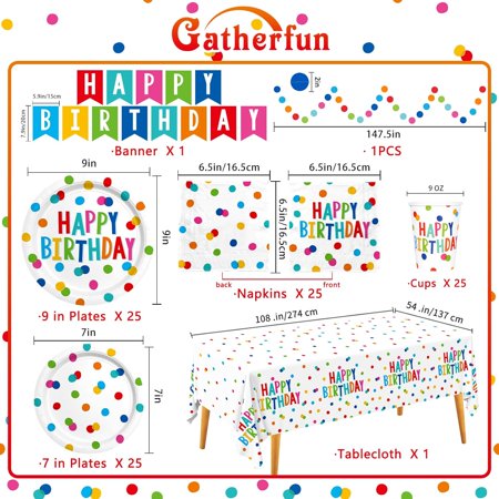 RFGBRG-Happy Birthday Decorations: Happy Birthday Party Supplies Set with Birthday Dots Design- Includes Disposable Paper Birthday Plates and Napkins Cups Tablecloth and Banner for decorations Se