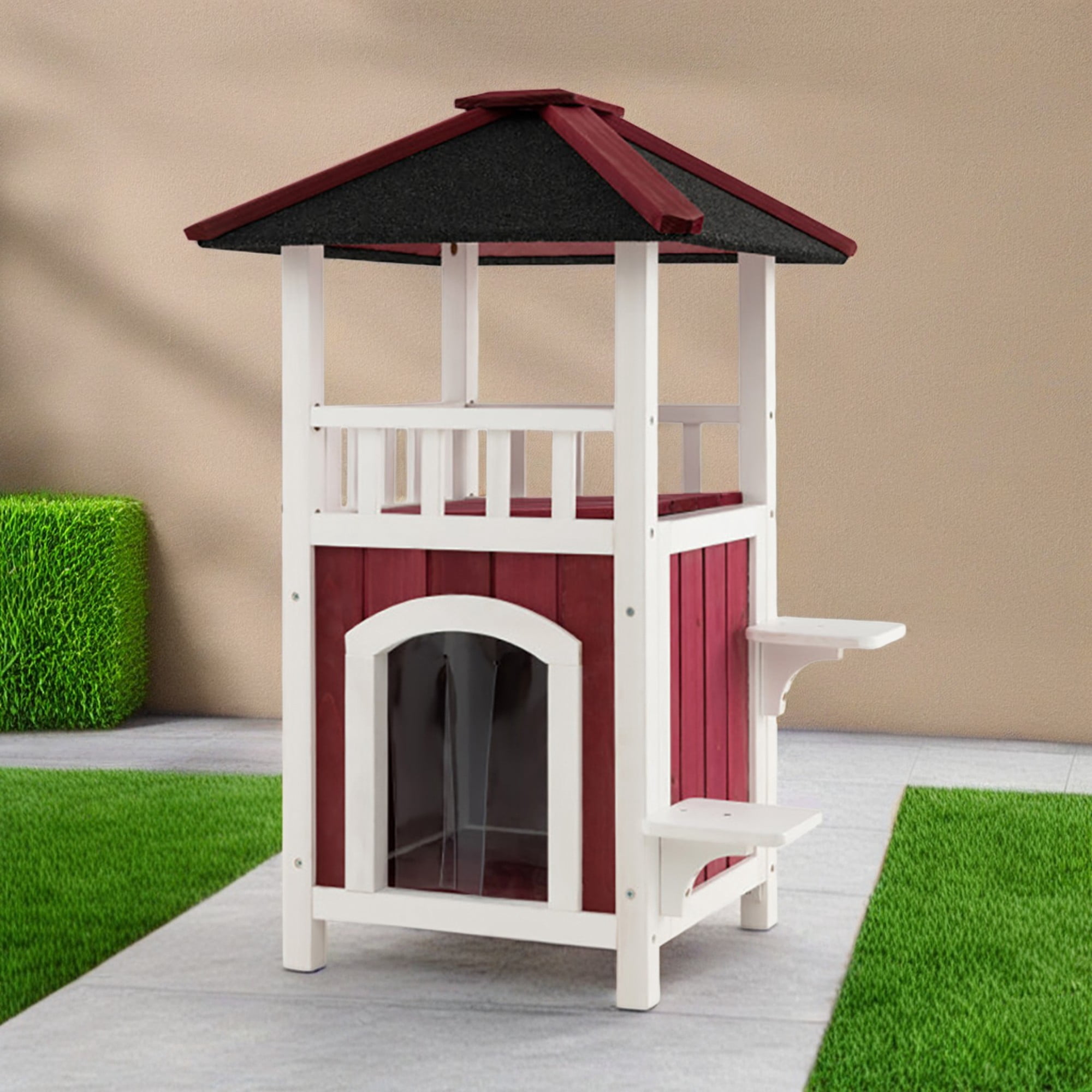 Pefilos 41" 2-Story Wooden Cat House with Asphalt Roof and Rain Curtain, Outdoor Cat Shelter, Feral Rainproof Kitty Cat Condo, Red