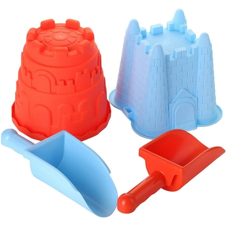2 Sand Castle Beach Buckets and 2 Shovels for Kids - 7 Inch Large Sand Mould Pails, Beach
