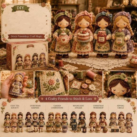 Patchwork Fairy Girl Collectible Figures, Farmhouse Decor, Cozy Home Decor, Tea Party Decorations, Detailed Soft-Textured Home Decoration Set for Mantel, Tiered Tray and Dining