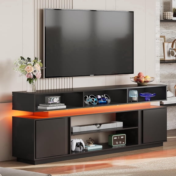 GALAXHERO Modern TV Stand for 75 Inch TV, 2 Tier Entertainment Center with LED Lights & Storage Cabinets, Media TV Console Gaming Television Stands for Living Room, Bedroom,Black