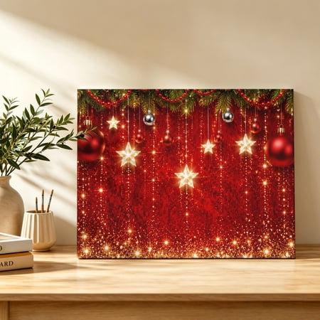 Christmas Celebration Canvas Wall Art Modern Pine Garland Star Beads Red Wall Art Prints Artwork Framed Canvas Ready to Hang Art Pictures for Bathroom Dressing Table Entryway 12 x 8