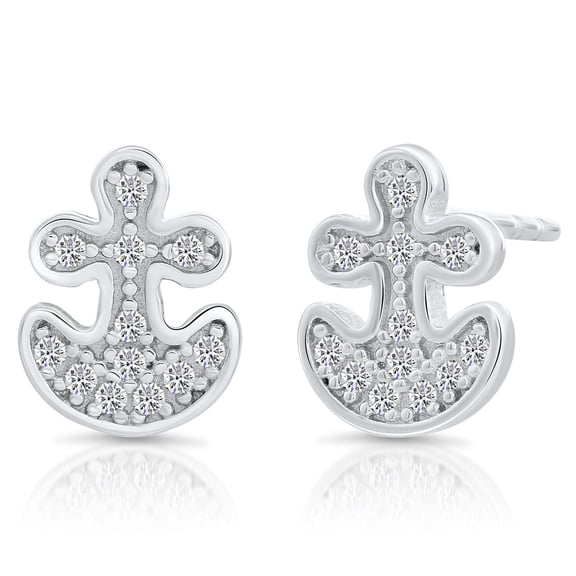 Tilo Jewelry 925 Sterling Silver Anchor Stud Earrings with Secure Push Backs & Cubic Zirconia CZ Stones for Women & Unisex