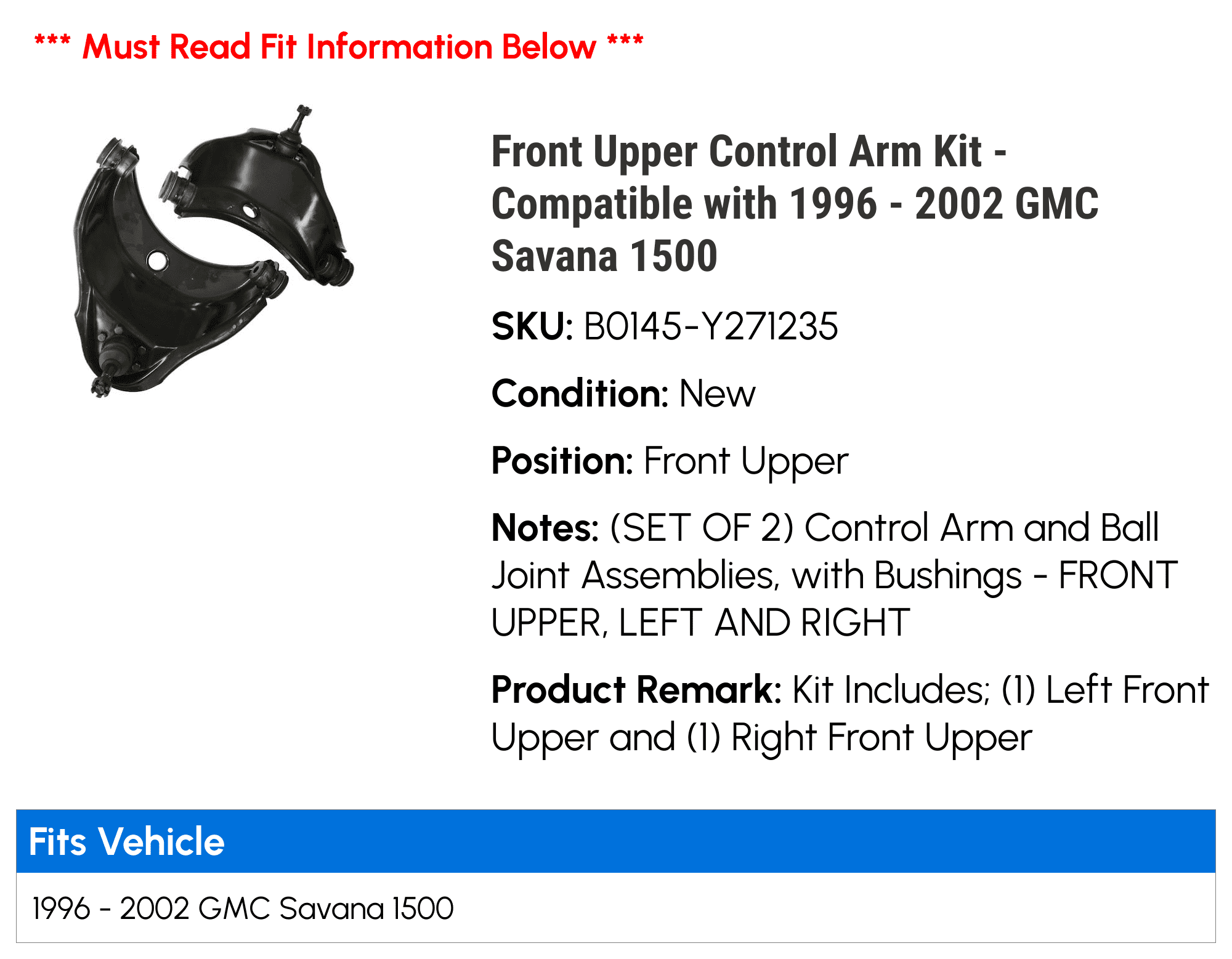 Front Upper Control Arm Kit - Compatible with 1996 - 2002 GMC Savana 1500 1997 1998 1999 2000 2001
