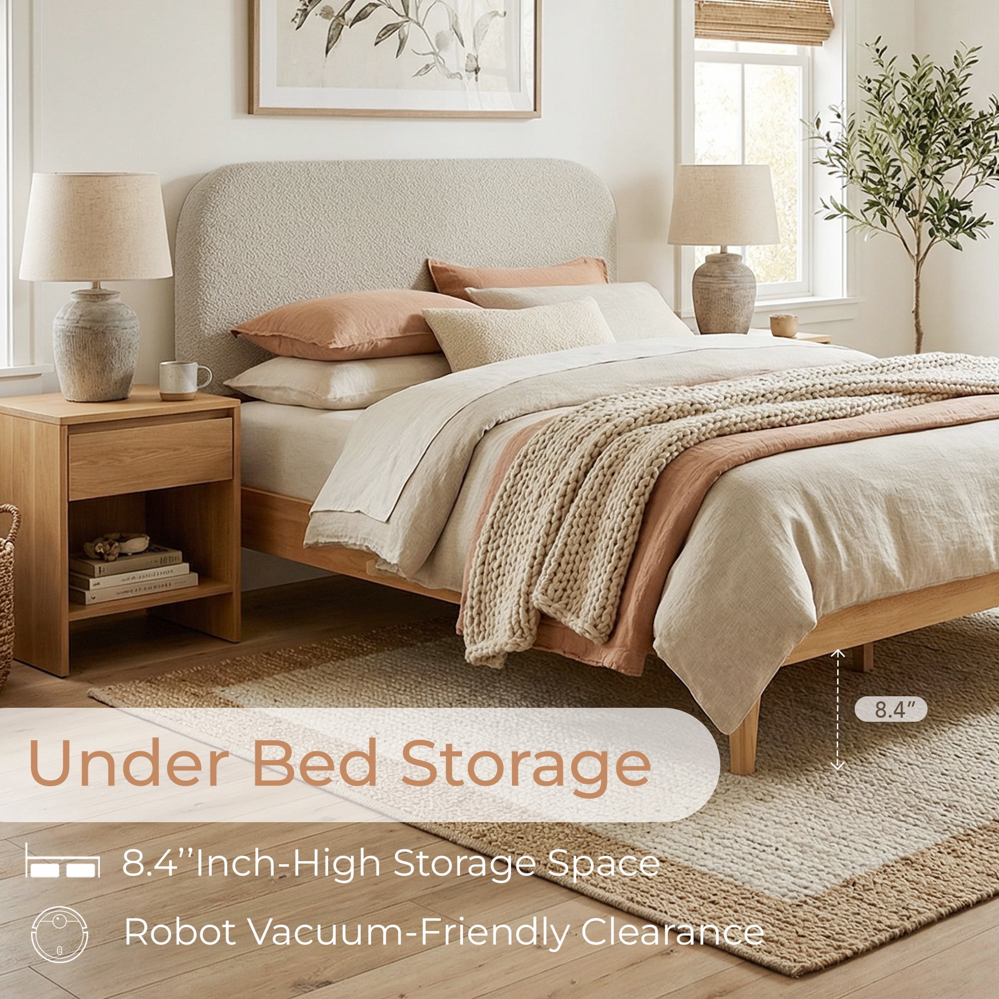 Spruce & Spring Mid-Century Modern Upholstered Platform Bed with USB Charging, Boucle Headboard, No Box Spring Needed, Full Size Bed Frame, Oak