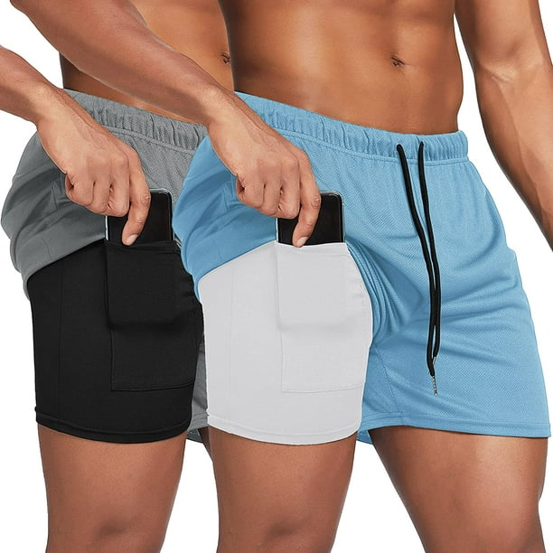 Men's 2 Pack Running Shorts 2 in 1 Gym Workout Shorts Quick Dry Athletic  Training Sport Shorts with Phone Pockets 