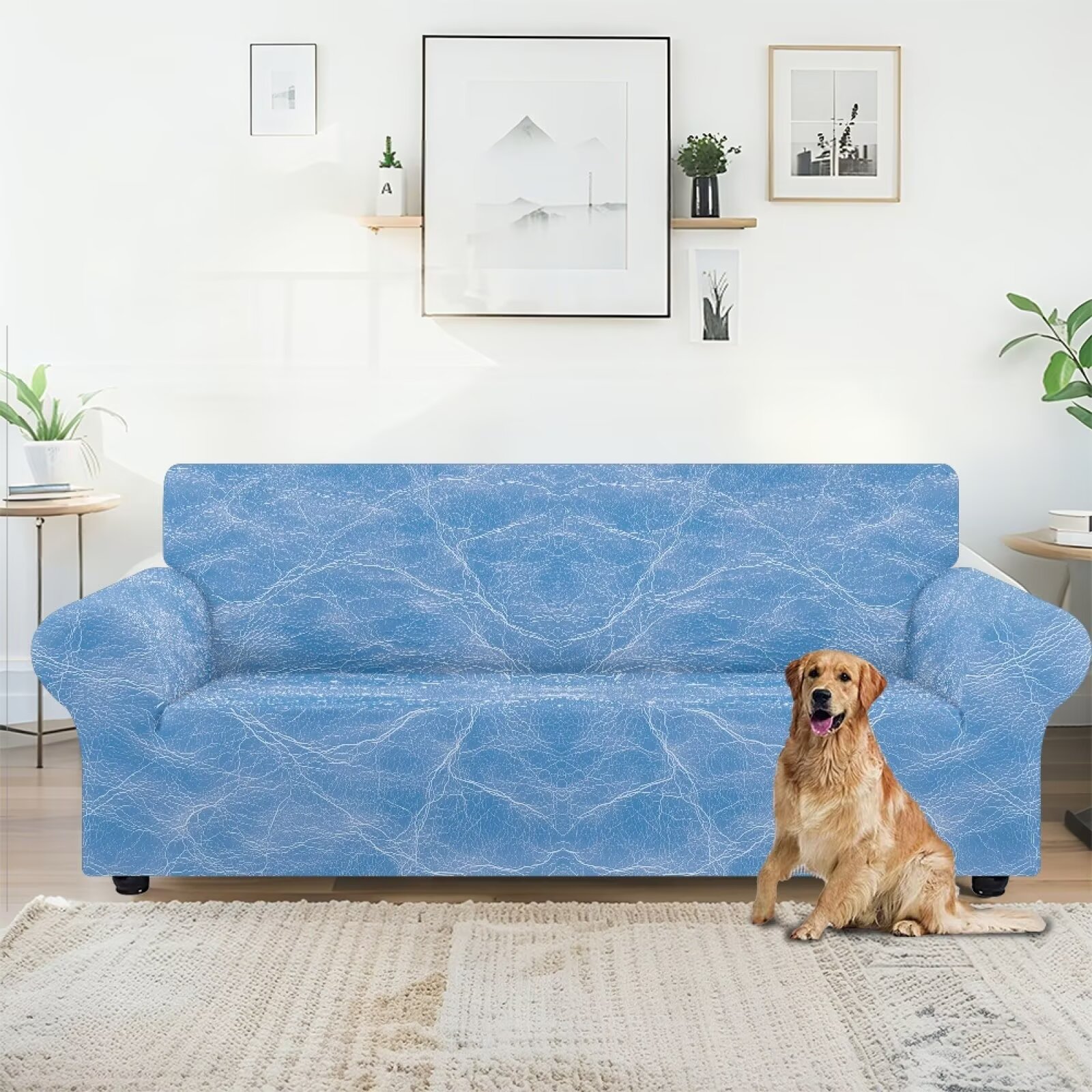 XYZCANDO Blue Stretch Sofa Slipcover 1 Piece Beach Tropical Couch Cover, 3 Seater Soft Elastic Bottom Sofa Slipcover for Living Room
