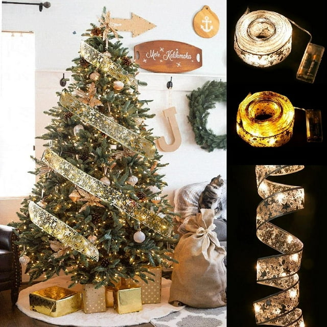 50 LED 5M Christmas Ribbon Bows With LED Fairy Lights Strings Christmas Tree Ornaments New Year Home Decor