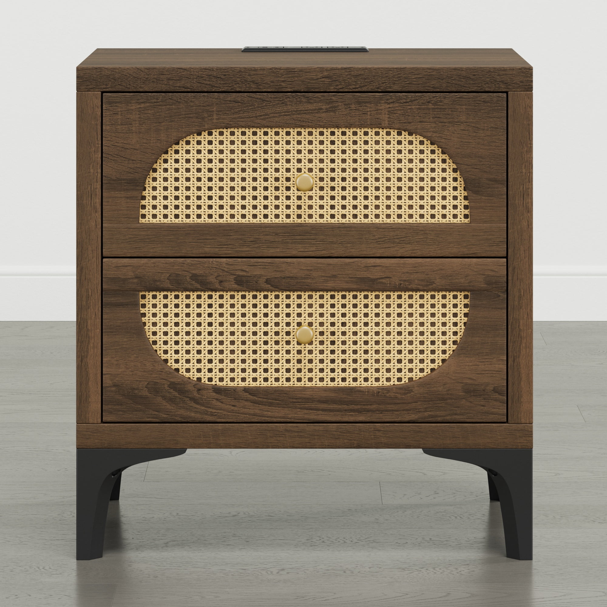 Spruce & Spring Boho Nightstands Set of 2, 2-Drawer End Tables with Charging Station, Rattan Front, Columbia Brown Wood Finish