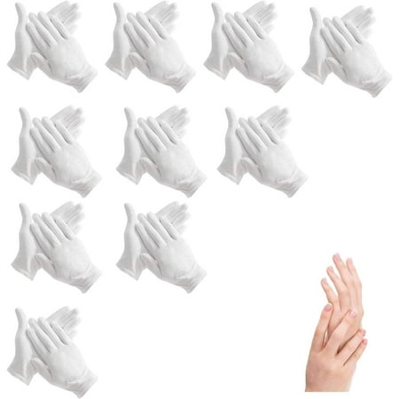 10Pairs Moisturizing Gloves Over Night Bedtime White Cotton | Cosmetic Inspection Premium Cloth Quality | Dry Sensitive Irritated Skin Spa Therapy Secure Wristband| One Size (Gloves-10p)
