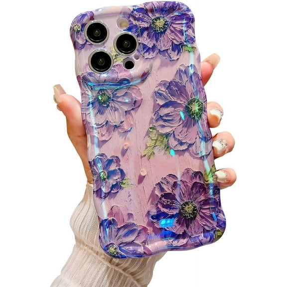 Case for iPhone 15 Pro Max, Cute Colorful Retro Oil Painting Printed Flower Laser Glossy Pattern, Durable TPU Protective Stylish Curly Waves Edge Phone Cover for Girls Women, Purple#2