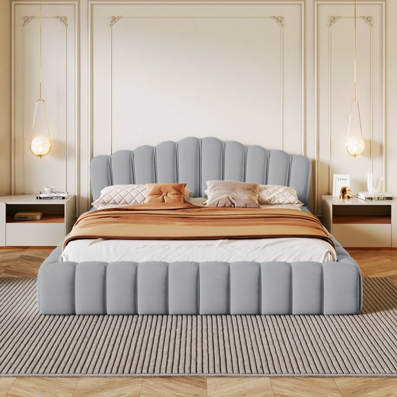 Kacho Velvet Upholstered Queen Bed Floor Bed Frame Shell-Shaped Headboard for Bedroom,No Box Spring Needed,Light Blue