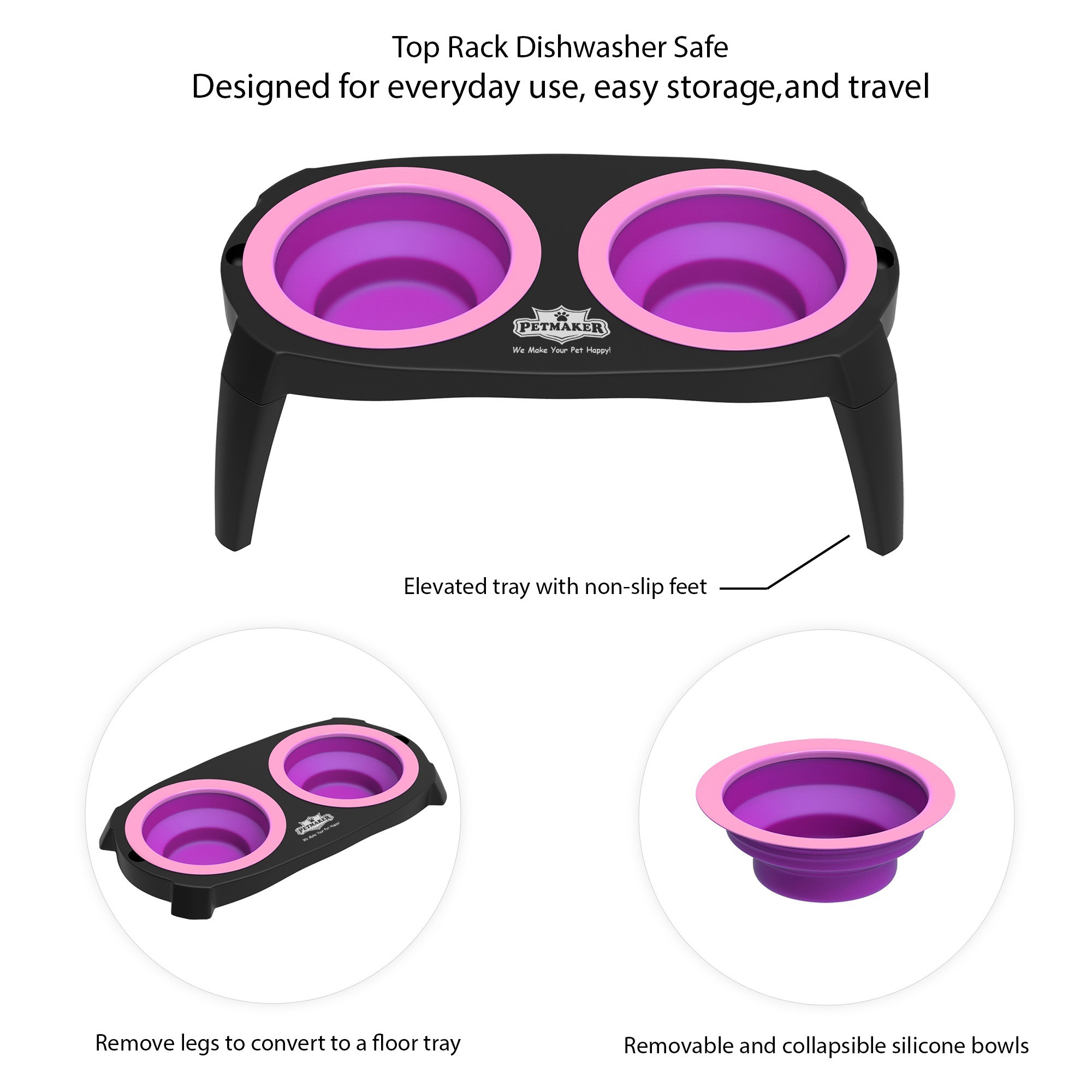 PETMAKER Elevated Pet Food Bowls with Non-Slip Collapsible Stand (Pink)