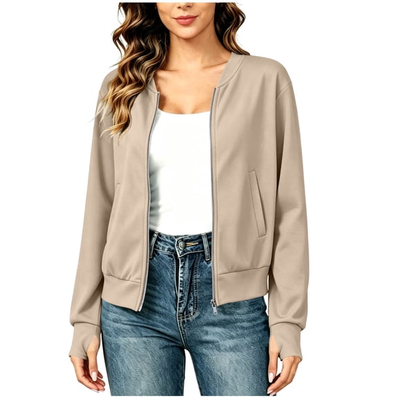 Fnooota Women's Bomber Jackets, Long Sleeve Zip up Lightweight Casual Fall Outerwear Khaki Size S-2XL
