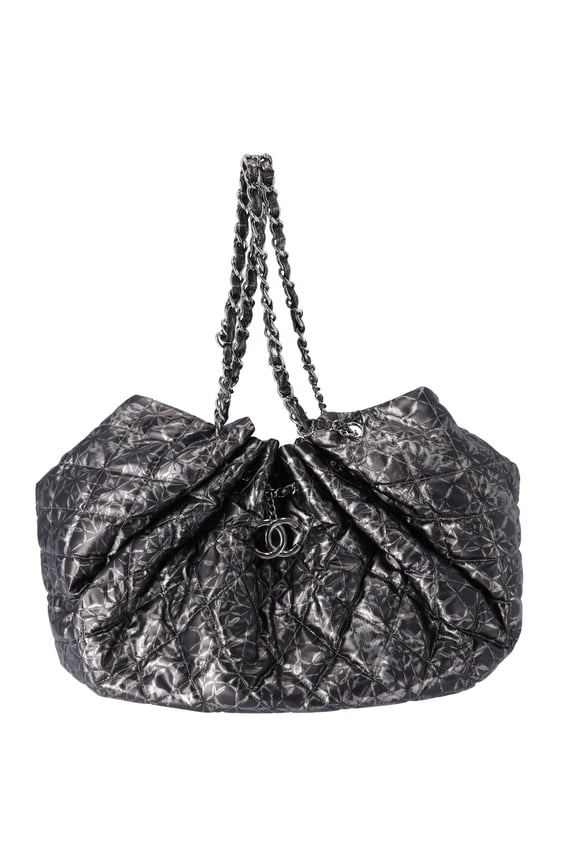 Pre-Owned Chanel Coco Mark Melrose Cabas Matelasse Chain Shoulder Bag Black Silver