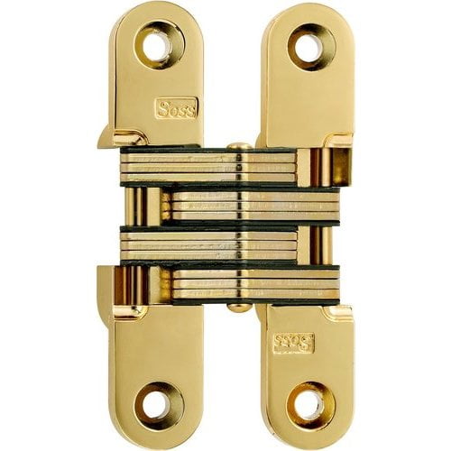 SOSS 212 Zinc Invisible Hinge with Holes for Wood or Metal Applications, Mortise Mounting, Bright Brass Exterior Finish