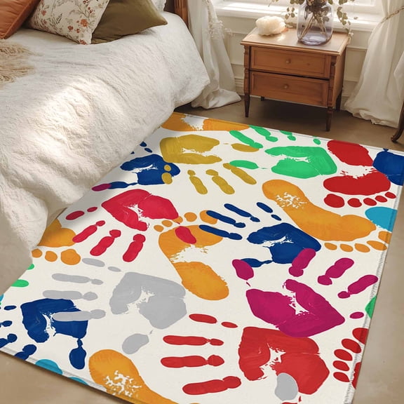 Area Rug for Living Room, Colorful Handprints Non-Slip Indoor Large Carpet for Bedroom/Dining Room, Rainbow Abstract Hand Foot Prints Washable Low-Profile Rectangle Floor Mat Runner Rugs - 3 x 5 Ft