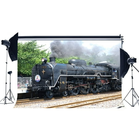 GreenDecor Polyster 7x5ft Photography Backdrop Locomotive Vintage Old Steam Train Railroad Tracks Forest Trees Nature Travel Backdrops for Baby Kids Lover Wedding Background Photo Studio