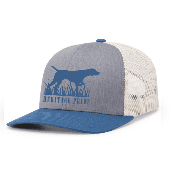 Heritage Pride Mens Dog Hunting In Grass Embroidered Mesh Back Trucker Hat-Ocean Blue/Heather Grey/Beige