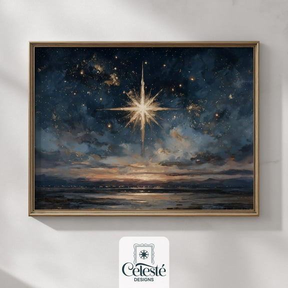 Star Of Bethlehem Winter Print, Snowy Forest, Golden Lights Home Decor #669, 8x12 UNFRAMED