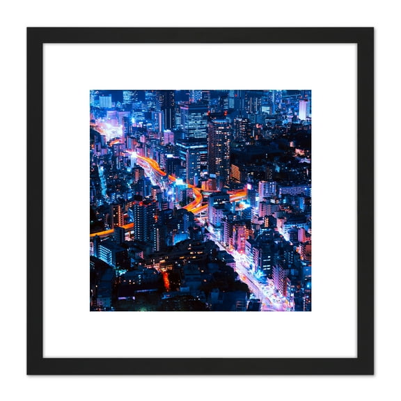 Nolbert Tokyo Japan Time Lapse Lights Photo 8X8 Inch Square Wooden Framed Wall Art Print Picture with Mount