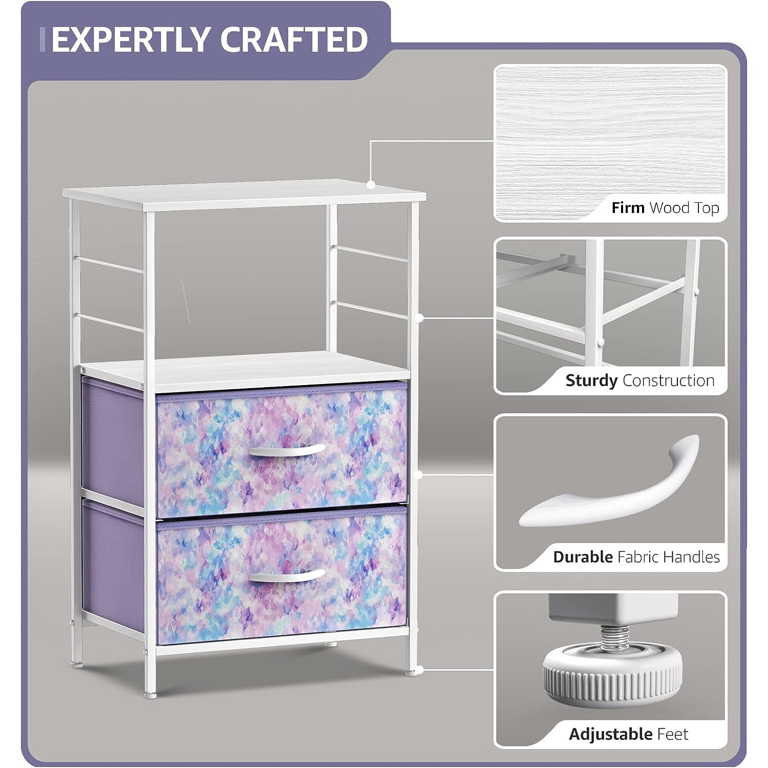 Sorbus 2-Drawer Nightstand with Fabric Drawer, Steel Frame and Open Shelf, Tie-Dye Purple