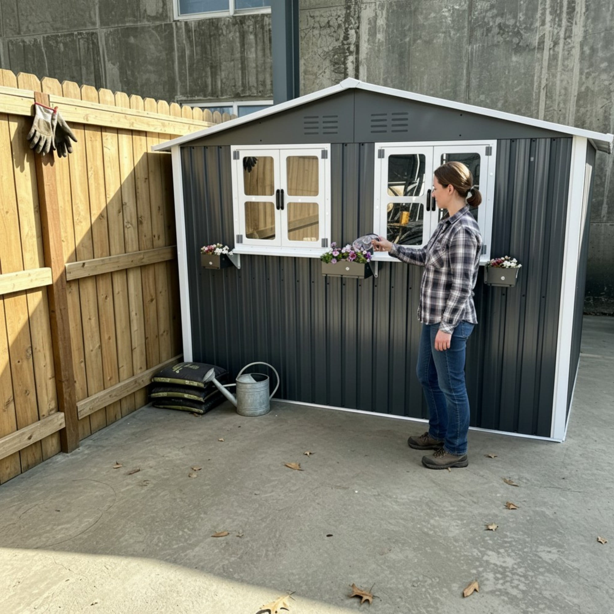 Aukfa 6x9 FT Metal Outdoor Storage Shed with Flower Rack&Lockable Doors, Waterproof Garden Tool Shed for Backyard Patio Lawn, Coal Gray
