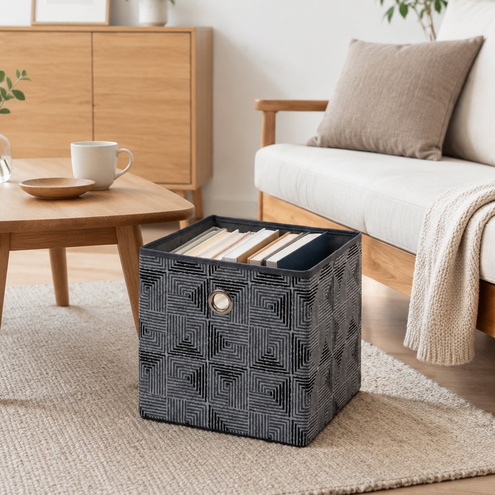 Mainstays Collapsible Fabric Cube Storage Bin, Black/Gray Geometric Pattern, 10.5 x 10.5 x 10.75 Inches