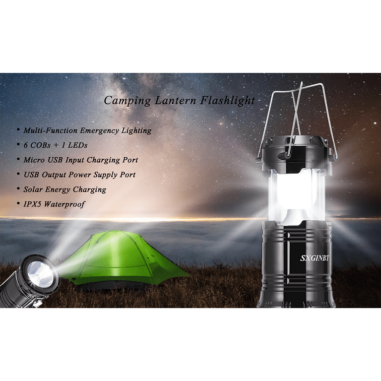 LED Camping Lantern, Super Bright, Battery/Solar energy/Charging cable  Powered, IPX4 Water Resistant, Portable Emergency Lights for Hurricane,  Storms, Outages, Collapsible,2 Packs 