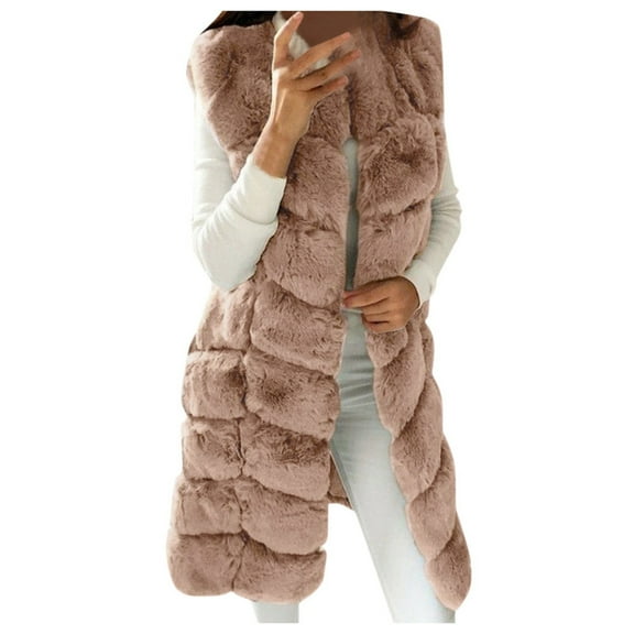 IROINNID Women's Sleeveless Open Front Coat Extra Long V-Neck Cover-up Faux-Fur Gilet Vest Solid Waistcoat Body Warmer Outwear, Khaki