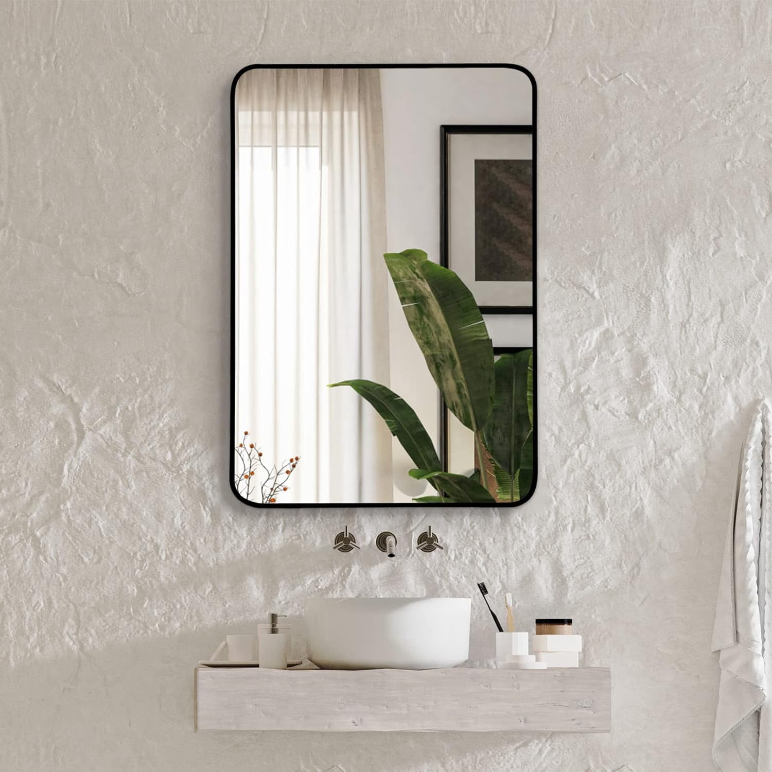 Noble House 22x30 Inch Rectangular Bathroom Wall Mirror, Aluminum Frame Vanity Mirror, Black