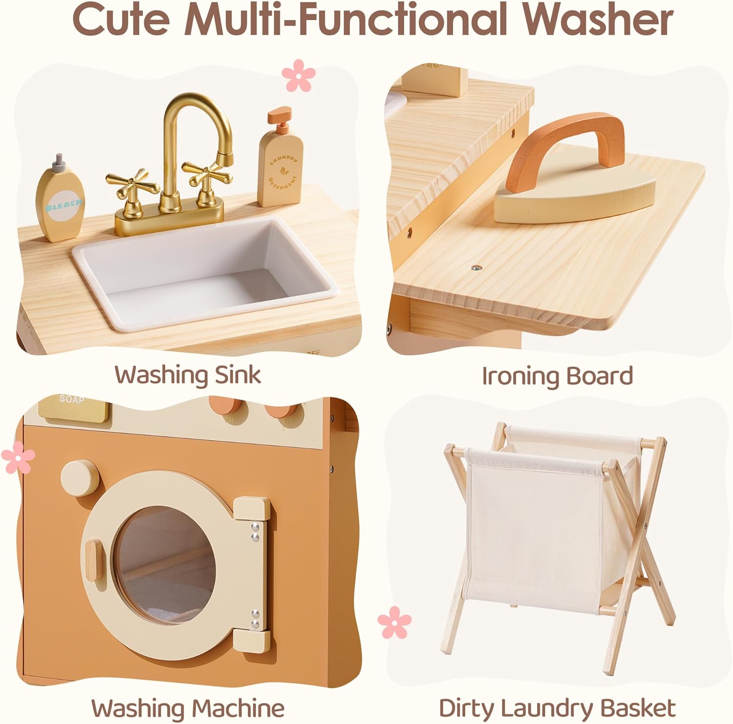 Robud Kitchen Washer Playset Pretend Play Toy Washing Machine with Clothes Basket, Iron and Sink for Kids Age 3+,Caramel