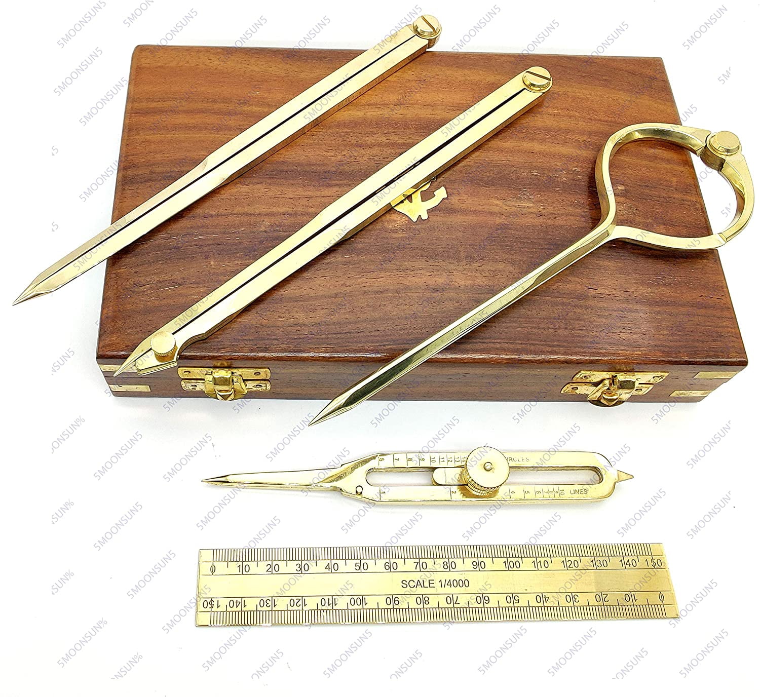 5MOONSUN5's Proportional Divider Set of 5, Full Brass dividers with Executive Wooden Box, Single Handed 8" Brass Navigational Dividers Compass Set for Maritime, Naval, Geometry and Drafting