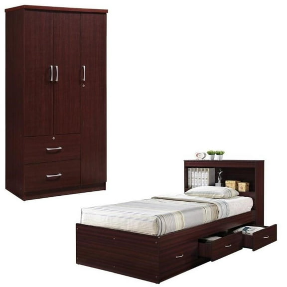 Home Square 2 Piece Set with Captain Bed and 3 Door Armoire in Mahogany Wood