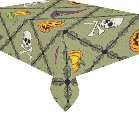 Halloween Tablecloths MYPOP Halloween Orange Pumpkin Face Hat Cotton Linen Tablecloth Set 60x84 Inches - Green Checker Polka Dots Desk Table Cloth Cover for Wedding Holiday Party Decoration ()