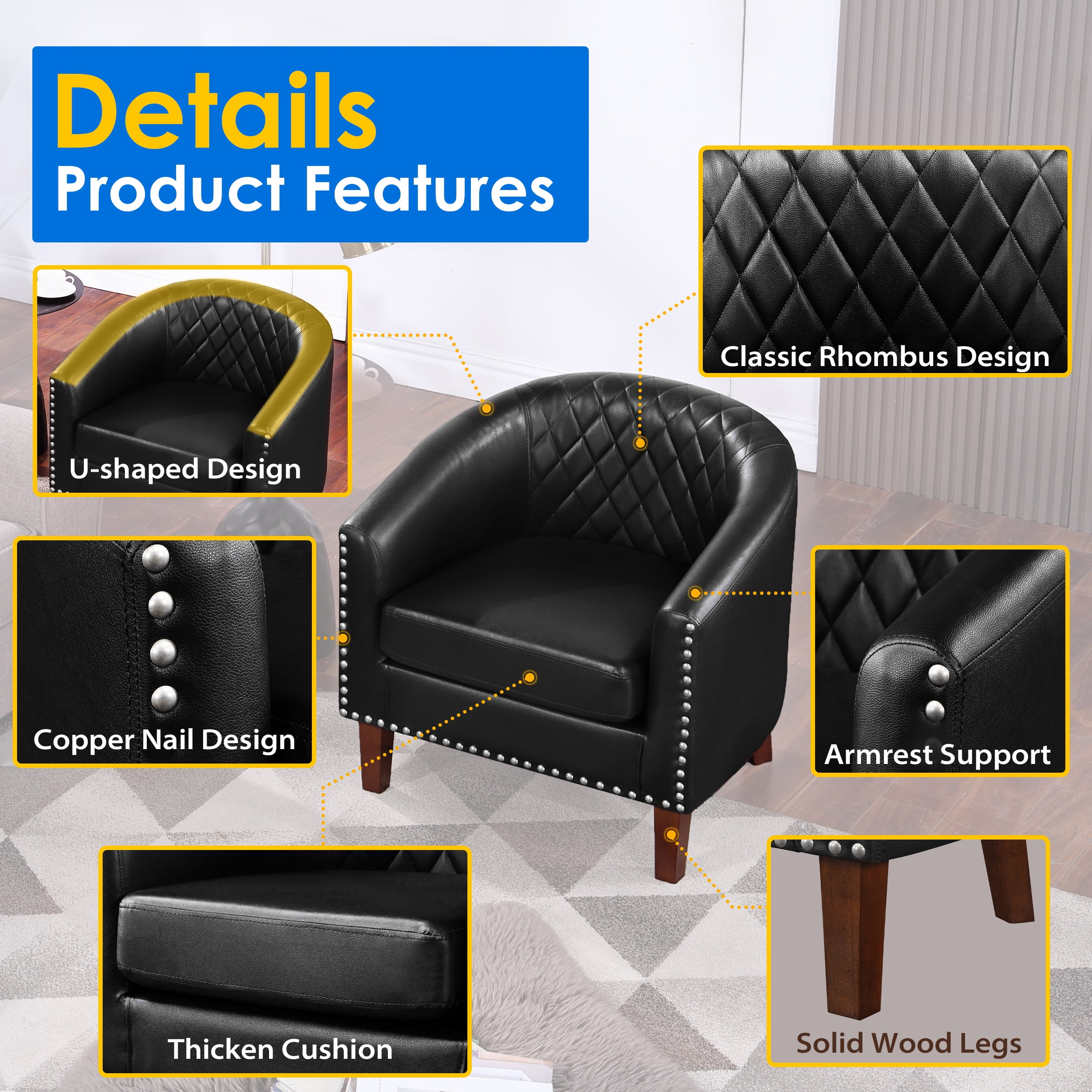 TrumanPick Modern Barrel Accent Chair Faux Leather Club Chair with Solid Wood Frame for Living Room Chair,Black