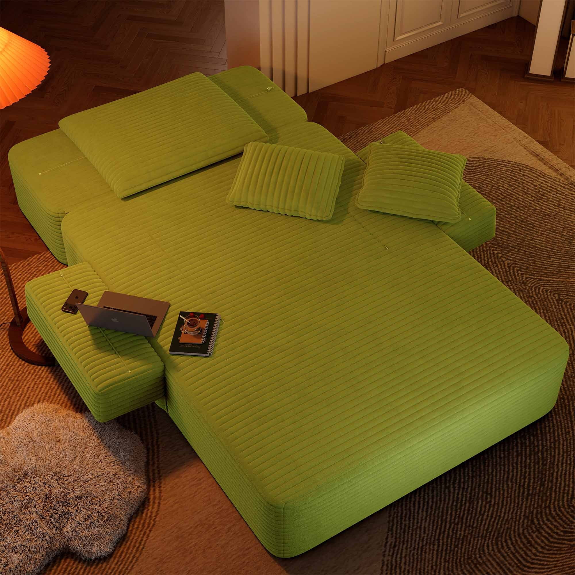 Lunale Boneless Chaise Lounge Chair Indoor, Oversized Convertible Sofa Bed, Cloud Corduroy Sofa Chair for Living Room, Light Green