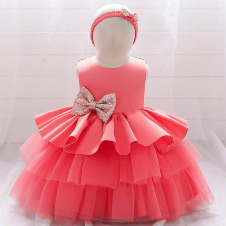 

cllios Toddler Girls Net Yarn Embroidery Rhinestone Bowknot Birthday Party Gown Long Dresses Headband Suit