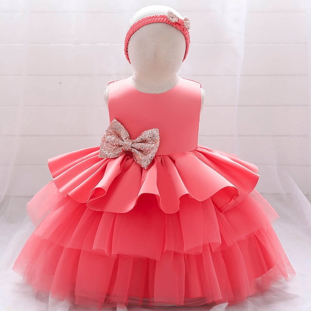 DPTALR Robe de Fête d'Anniversaire Longue pour Tout-Petites Filles en Tulle Brodé avec Strass et Nœud, Ensemble avec Bandeau