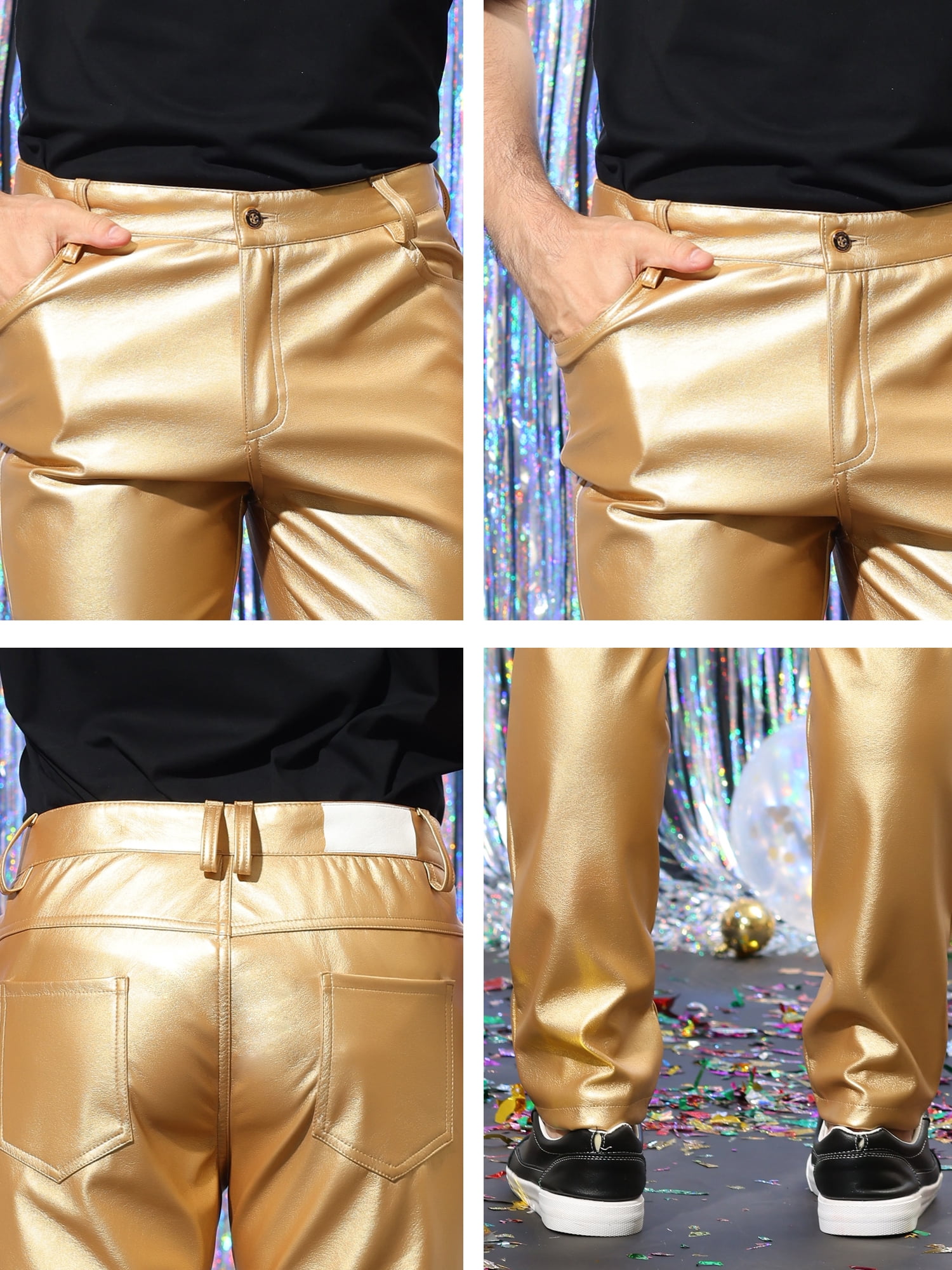 INSPIRE CHIC Men's Pants Faux Leather Slim Fit Zip-Fly Solid Pants 36 Golden