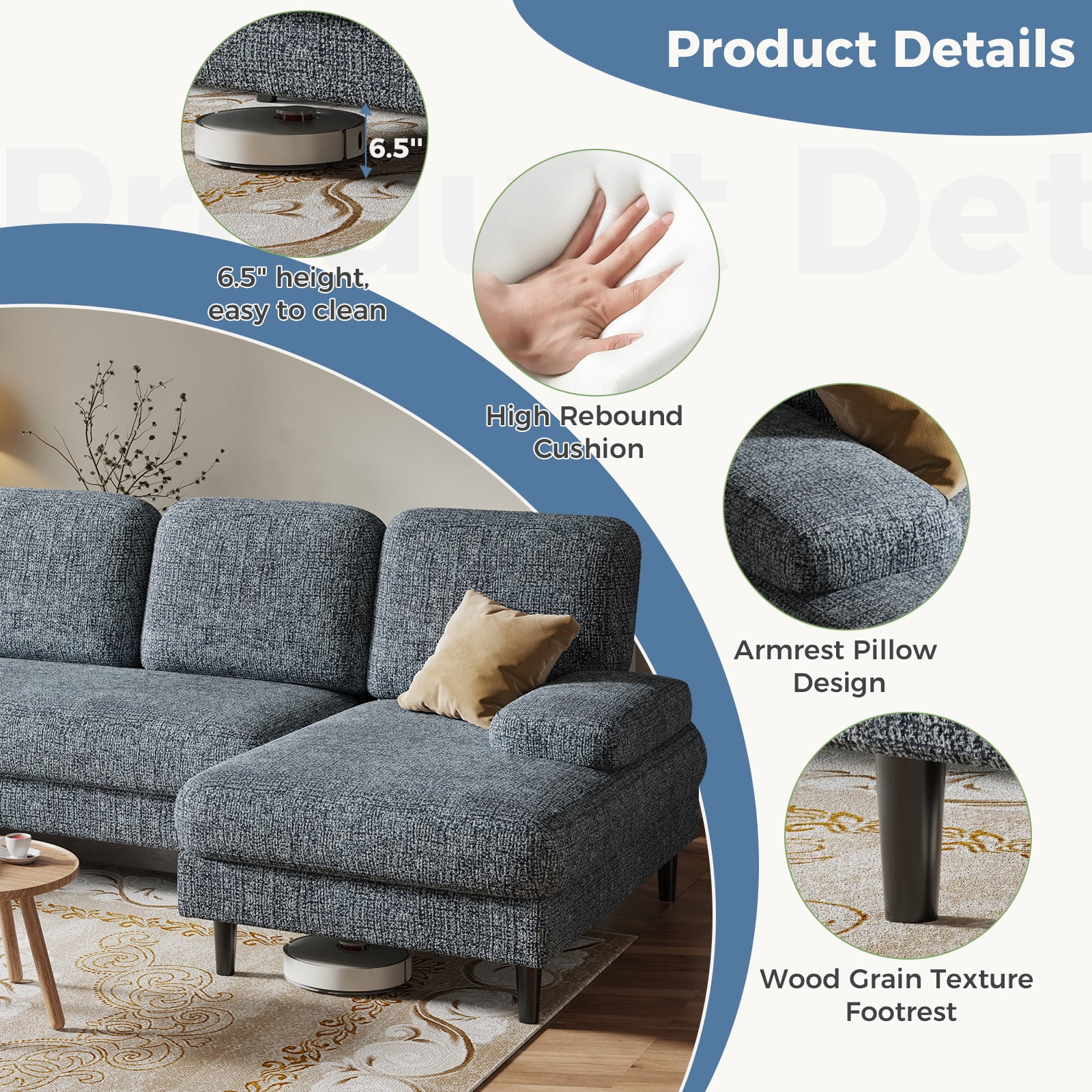 CONCETTA U Shaped Sectional Sofa Couches with Double Chaise 4-Seat Set, Chenille Fabric Cushion for Living Room Home Furniture, Dark Grey