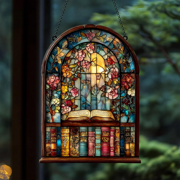 Floral Bookshelf Faux Stained Glass Suncatcher â€“ Acrylic Window Hanging with Colorful Library Books, Perfect Gift for Reader, Teacher, Mom