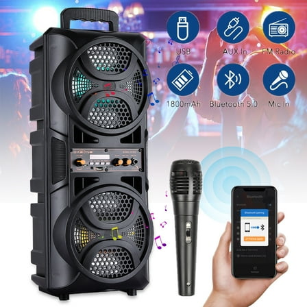 Dual 6.5" Portable Party FM Bluetooth Speaker Audio Stereo w/ Mic Remote LED Lights