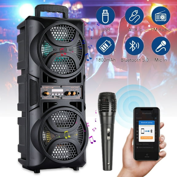 Dual 6.5" Portable Party FM Bluetooth Speaker Audio Stereo w/ Mic Remote LED Lights