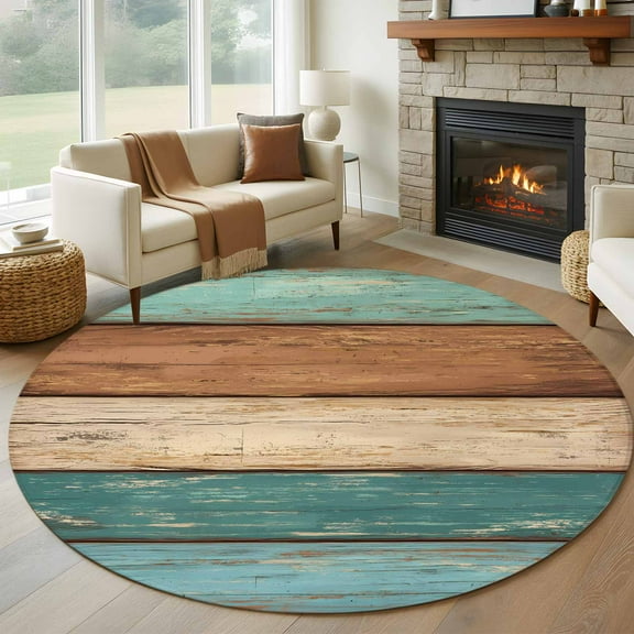 Farmhouse Teal Brown Round Area Rug 5 FT, Non Slip Bedroom Area Rug, Vintage Retro Wooden Washable Soft Circular Carpet Non-Shedding Floor Mat for Kitchen Dining Room Foyer Balcony Dorm
